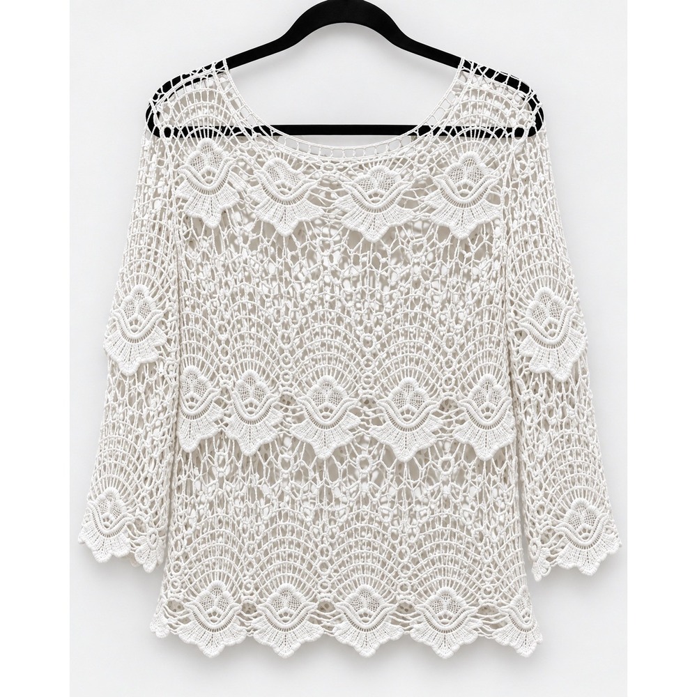 Say What? White Crochet Lace Floral 3/4 Sleeve Scoop Neck Boho Top